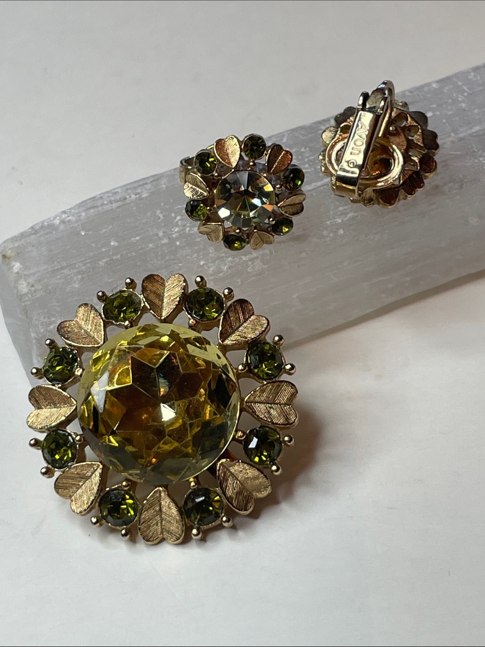 1960's Avon Yellow Sun Brilliant Pendant Brooch Clip Earrings Small Green Stones